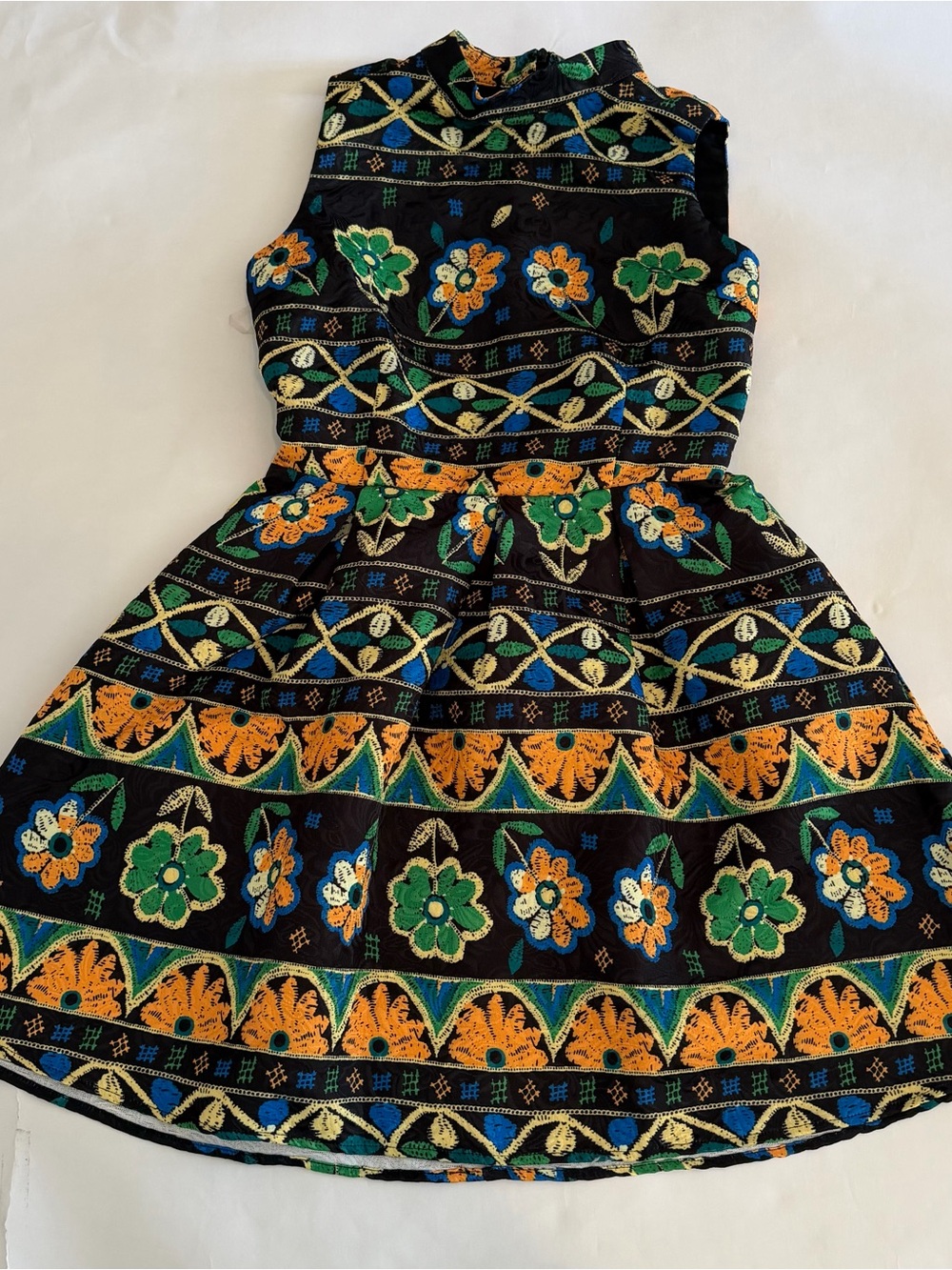 Black Embroidered Floral Fit & Flare Dress - Green & Orange Flowers